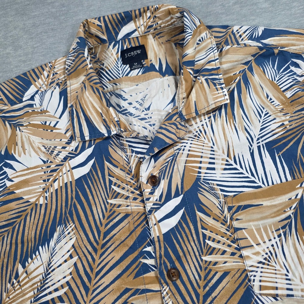 J.Crew Mens Medium Tropical Palm Leaf Print Short Sleeve Camp Shirt Blue Tan